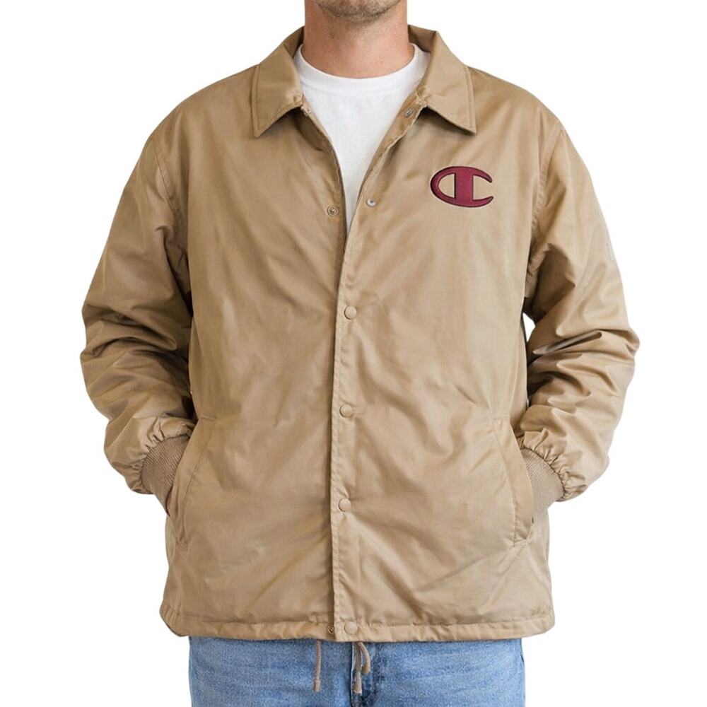 Champion Men's Large Coach Jacket Tan Burgundy